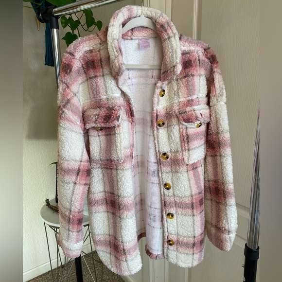 Pink and White Cozy Pink Winter Flannel Jacket Shacket XL - Picture 4 of 7